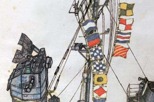 Closeup on a detailed color pencil drawing of a warship, showing a string of signal flags.