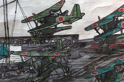 Closeup on a detailed color pencil drawing of a warship, showing green fighter planes parked on deck.