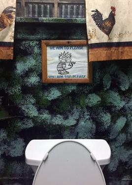 The top of a toilet, under a homemade sign of Calvin, of Calvin & Hobbes, peeing, with the words WE AIM TO PLEASE, YOU AIM TOO PLEASE.