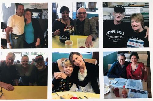Collage of six images in a grid, each showing smiling customers posing in the diner.