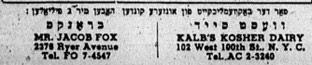 Old newspaper advertisement for Kalb's Kosher Dairy with address and translation in Yiddish.