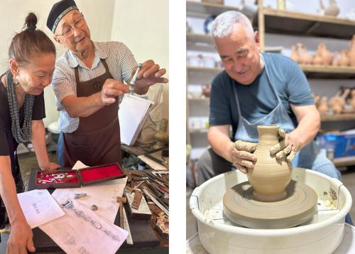 Two photos: on the left, a man in a brown apron holds up a small cone-shaped piece of silver, while a woman looks down at his work table, scattered with sketches and tools. On the right, a man sits at a pottery wheel, forming a vase.