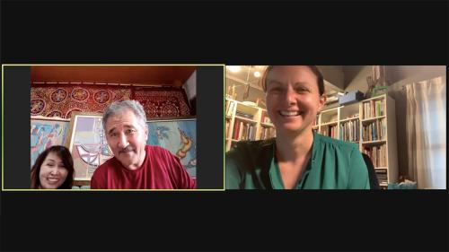 Zoom screenshot showing a man and woman in one frame and a woman in the second frame.