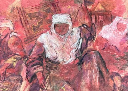 Close-up on a felted artwork in red, black, and white, depicting a scene of people in black tunics and white headscarves.