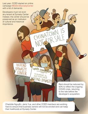 Illustrated comic page. A group of people protesting. Above, five people hold a single sign that reads, Chinatown is not for sale. Below, three masked women, two sitting and one standing with a microphone in hand. The sitting women are both holding signs:
