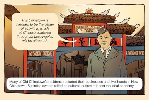 Illustrated comic panel. Peter SooHoo, wearing a uniform, stands in front of Los Angeles’ Chinatowns’ West Gate, a historical-looking Chinese gateway structure. Text bubble pointing at Peter SooHoo: This Chinatown is intended to be the center of activity 