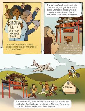 Illustrated comic page. Top left panel: a group of women of color, protesting with fists up. The woman in front holds a sign reading, Minorities Unite! Fight for Democratic Rights! Text: The new law allowed Chinese people to more easily immigrate to the U