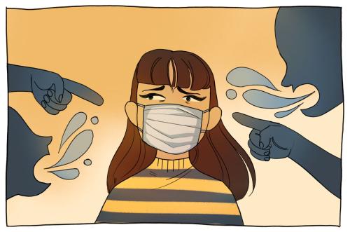 Illustrated comic panel: Two featureless, shadowy figures yelling and pointing at a masked Asian woman who has an apprehensive look on her face.