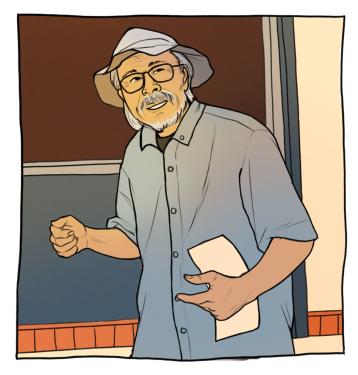 Illustrated comic panel: portrait of Eugene Moy, an older Chinese man wearing a button-up shirt and standing in front of a storefront.