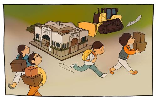 Illustrated comic panel: A small 3D model of Dynasty Center is demolished by a bulldozer. There are four people holding boxes and moving away.