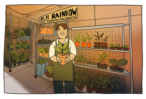 Illustrated comic panel: storefront view of Rainbow, a plant shop. Elton, a shopkeeper, is wearing a white shirt and green apron and is holding a potted plant. He is standing in front of three shelves full of houseplants. A sign in the background reads Ra