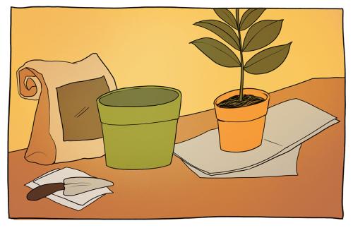 Illustrated comic panel: tabletop surface with a bag of fertilizer, an empty pot, a trowel, and a potted plant. 