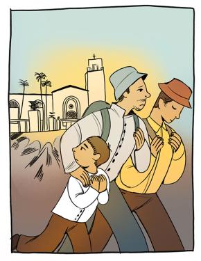 Illustrated comic panel: Two Chinese men with backpacks and a boy are walking away. There is a shiny, new Union Station building in the background.