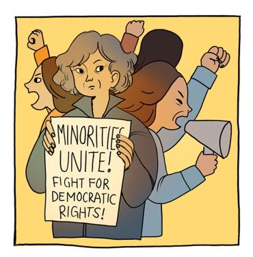 Illustrated comic panel: A group of women of color, protesting with fists up. The woman in front holds a sign reading, Minorities Unite! Fight for Democratic Rights!