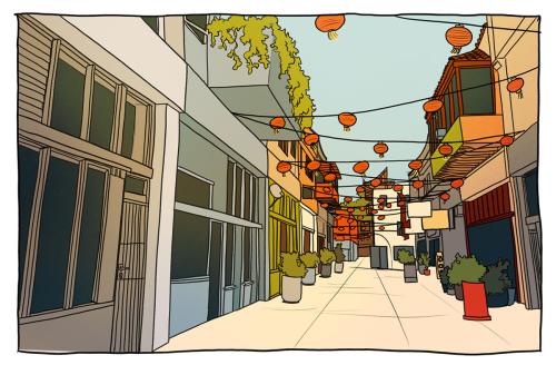 Illustrated comic panel: A view of a street in New Chinatown. There are colorful shops on both sides and potted plants in front of the shops. Red lanterns are hung from building to building.