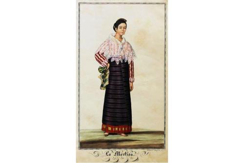 Illustration of a woman wearing a red and white striped, long-sleeve blouse, a white lacey shawl, long black skirt with red trim, and holding a green handkerchief. Below her, in calligraphy, La Mestisa.  