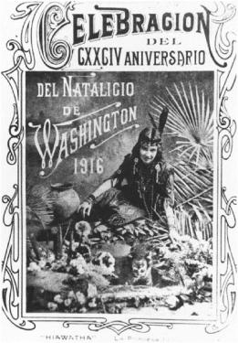Black-and-white poster with an image of a stereotypical 'Indian' woman. Text in Spanish: Celebracion del CXXCIV Aniversario del Natalicio de Washington 1916.