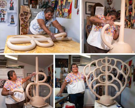 Series of four photos showing the progression of a Tree of Life sculpture. First: a woman lays out the straight, central clay “trunk” of the tree with curved branches on the sides. Then she attaches a branch with the trunk upright on a bulbous base. She a