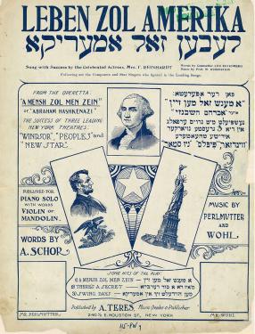 Songbook cover art with the title in Yiddish: Leben Zol Amerika.