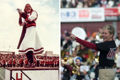 Two photos side by side. On the left, older photo of a woman in marching uniform, with a full skirt, conducting from the bandstand. On the right, more recent photo of the same woman in band shirt and khakis, conducting.