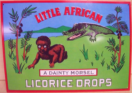 Advertisement for Little African Licorice Drops, showing a crocodile chasing a baby.