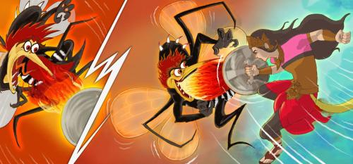 Two panels of an illustrated comic showing the superhero fighting a fire-breathing flying mosquito monster.
