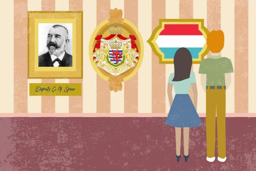 Digital illustration of two people facing framed objects on a wall: a black-and-white photograph of a man labeled as Deputy C.M. Spoo, the Luxembourg coat of arms, and the Luxembourg flag, three horizontal stripes of red, white, and blue.