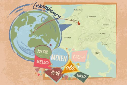 Digital illustration showing the location of Luxembourg on a globe, and then zoomed in to a map of Europe. Below the globe are several speech bubbles with the word HELLO in different languages: bonjour, moien, olá, hallo, and in Arabic and in Chinese char