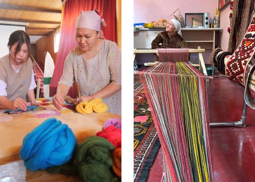 Two photos: on the left, two women felt a multicolored pattern on a flat surface, with balls of brightly colored felt in blue, green, red, pink, and yellow. On the right, a woman sits at the far end of a loom stretched with red, yellow, black, and white y