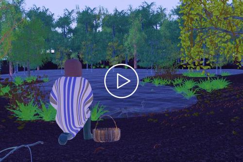 A film still of a digitally animated collage of an outdoor scene in greens and blues. In center, there is a figure wearing a striped coat. On top of the image is a play symbol.