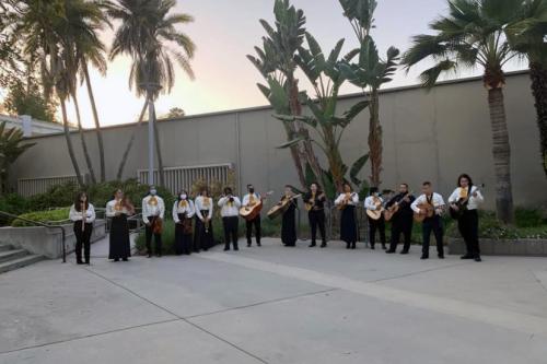 Fourteen people in matching white tops and black skirts or pants, each holding a musical instrument, line up on a plaza, palm trees and a sunset behind them.