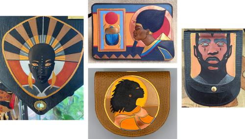 Four photos of leather pouches, each painted with Black figures. 