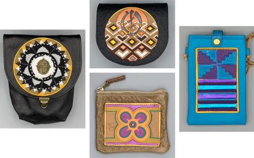 Four photos of leather pouches, each painted and beaded with geometric designs. 