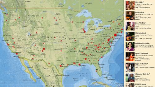 A map of the United States with dozens of red pinpoint dots scattered across the country. In a right sidebar, square profile photos of individuals along with their names and areas of expertise.