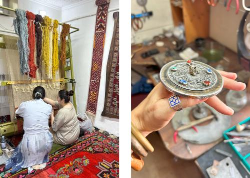 Two photos: on the left, two people sit on the ground working with pale blue, red, brown, yellow, and white yarn on a vertical loom. On the right, close-up of a person wearing a large disc-shaped silver ring set with colorful jewels and intricately engrav
