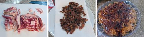 Three photos. Left: Raw bacon, sliced, on a cutting board. Center: Dark brown fried bacon bits on a paper towel. Right: the finished salad, topped with bright orange shredded cheddar and the bacon bits, is covered in plastic wrap.