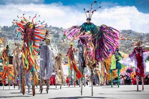 Several people dressed in elaborate, brightly colored, feathery costumes, standing on tall stilts.