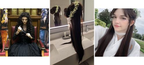 Three photos side by side. Left: A person in costume of long black dress and long black wig, holding a weapon and seated in a throne, looking menacing. Middle: a long, straight brown wig with a white flower crown on a stand in front of a mirror. Right: th