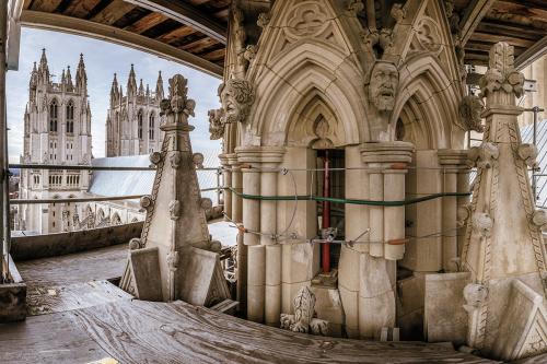 View from one of the cathedral towers, surrounded by scaffolding. Pieces of stone, which sit askew after the earthquake, are held together with thick cables.