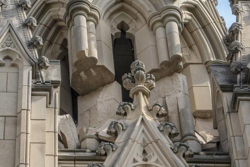 Close-up of a portion of the exterior of the National Cathedral, showing stones shifted out of place after the earthquake.