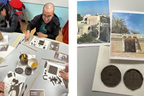 Two photos side by side. Left: from above, people work on clay projects on a table. Right: two postcards of Emirati architecture and two circular clay designs.