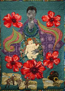 Art quilt with a design of Black mother figure holding a white baby, with floral pattern around them.