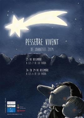 Flyer for Living Nativity event in 2019, with text in Catalan language. Illustration of two kids and a sheep watching a shooting star.