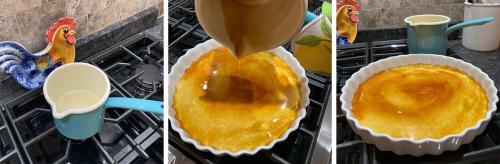 Three photos. Left: a small blue pot with clear liquid on a stove next to a decorative ceramic chicken. Middle: someone pours the now golden  brown liquid from the post into a round, ridged ceramic dish. Right: The round dish, bottom filled with swirling,