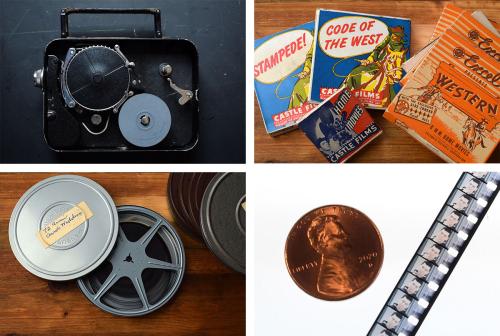 Grid of four images: a black film projector; square packages with titles Code of the West, Western, and Home Movies; silver film canisters with handwritten labels; and an 8 millimeter film strip unraveled, next to a penny, showing that the film is about h