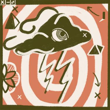 Excerpt of illustration from the top, thundercloud over a spiral.