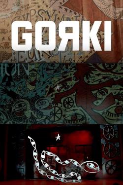 Three panels of artwork arranged vertically. On top: bold white text reading GORKI. The R is backward. Underneath it, handdrawn artwork and text in tan and brown. Middle: Abstract illustration showing a person with outstretched arms, wagon wheels, eyes, a