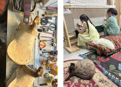 Two photos: on the left, overhead view of a leather saddle in progress on a work table set with scissors, hammers, and other tools. On the right, two people sit working at the foot of a vertical loom.