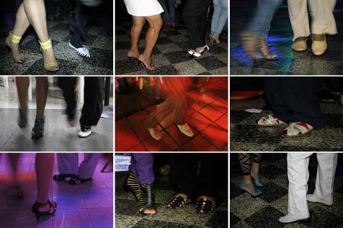 Grid of nine close-ups on feet of people salsa dancing, many in fancy leather shoes.