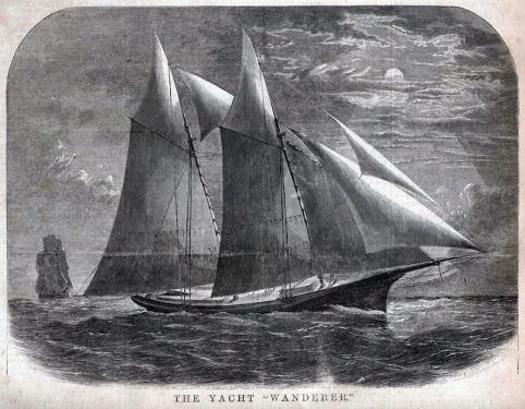 Inked drawing of a ship at sea, with large double mast. Text at the bottom reads THE YACHT “WANDERER”.